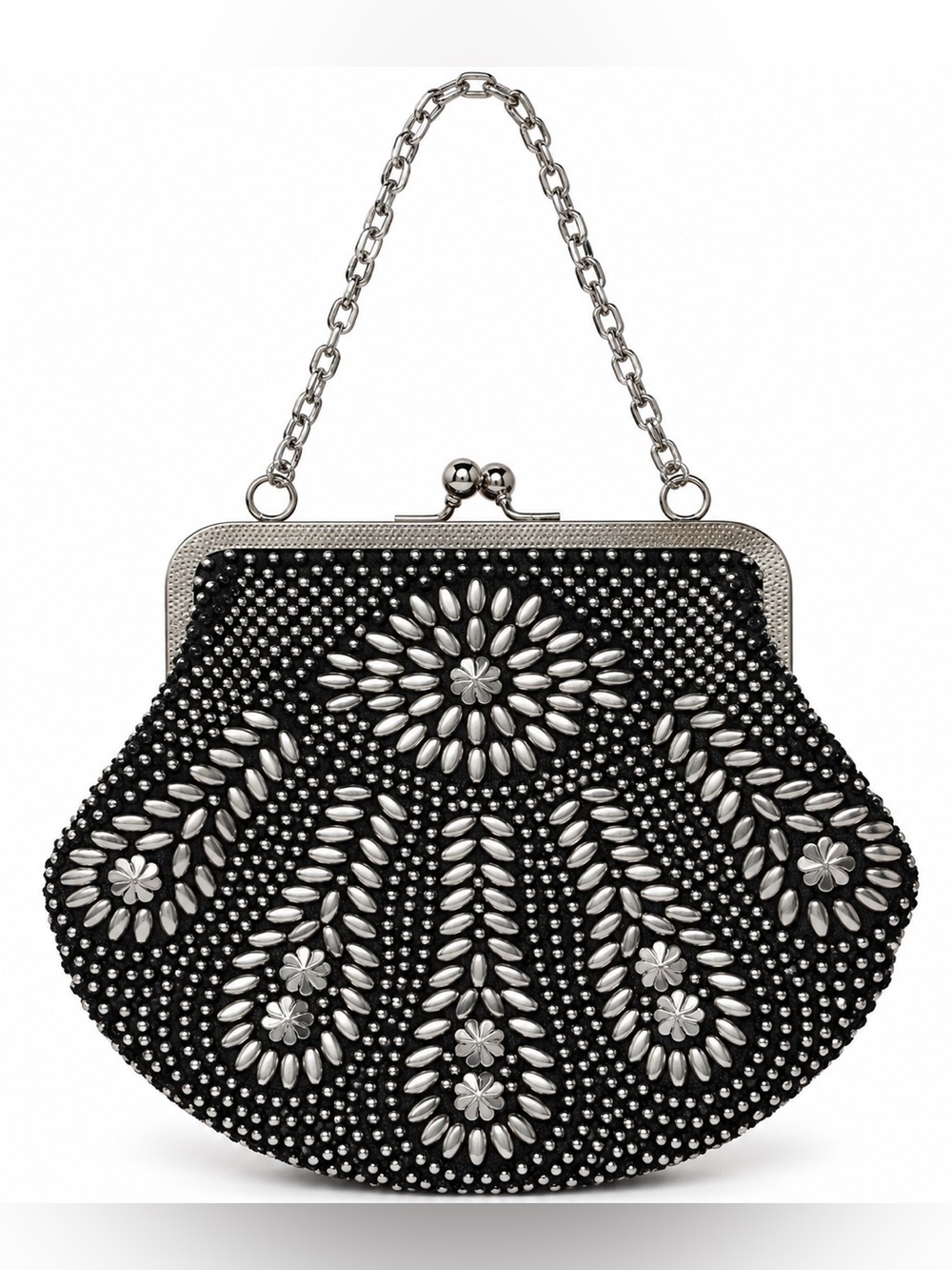 Vintage Golden Name Black Silver Beaded Evening Bag Kiss Lock Chain Purse